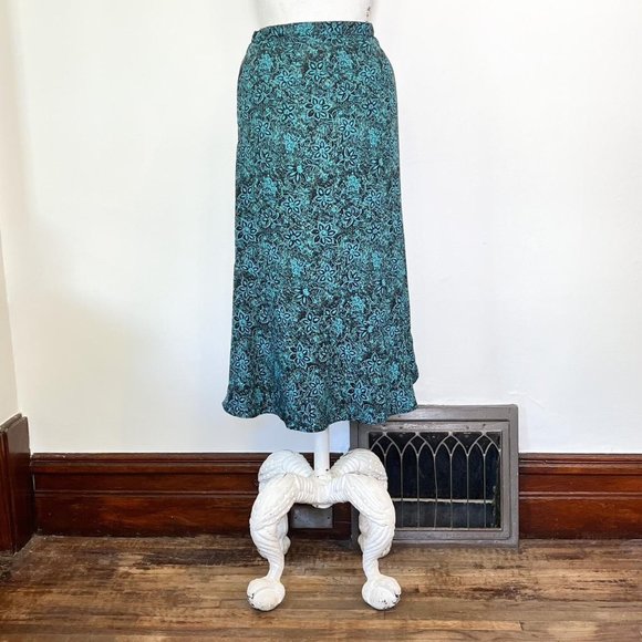 Vintage 90s teal floral long bias cut midi skirt M 6 - Picture 2 of 4